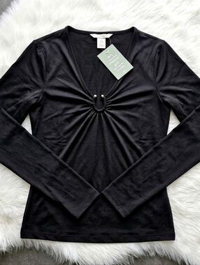 H&M Black V-Neck Top with Gathered Ring Detail